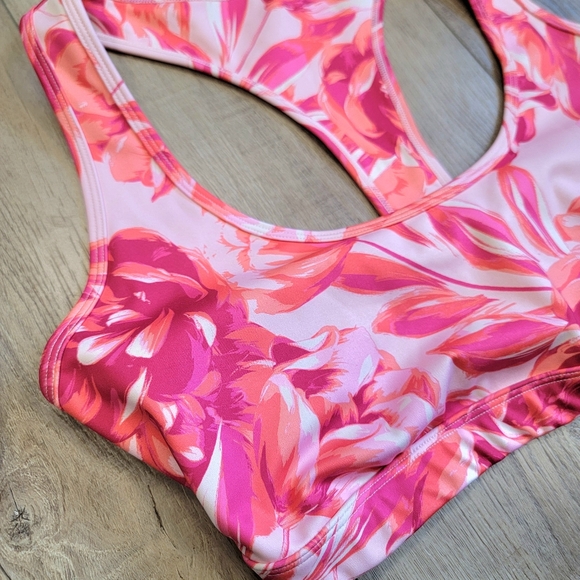 Bright Coral & Hot Pink Floral Sports Bra Crop Top JustFab Athletic Wear Size L - Picture 8 of 9